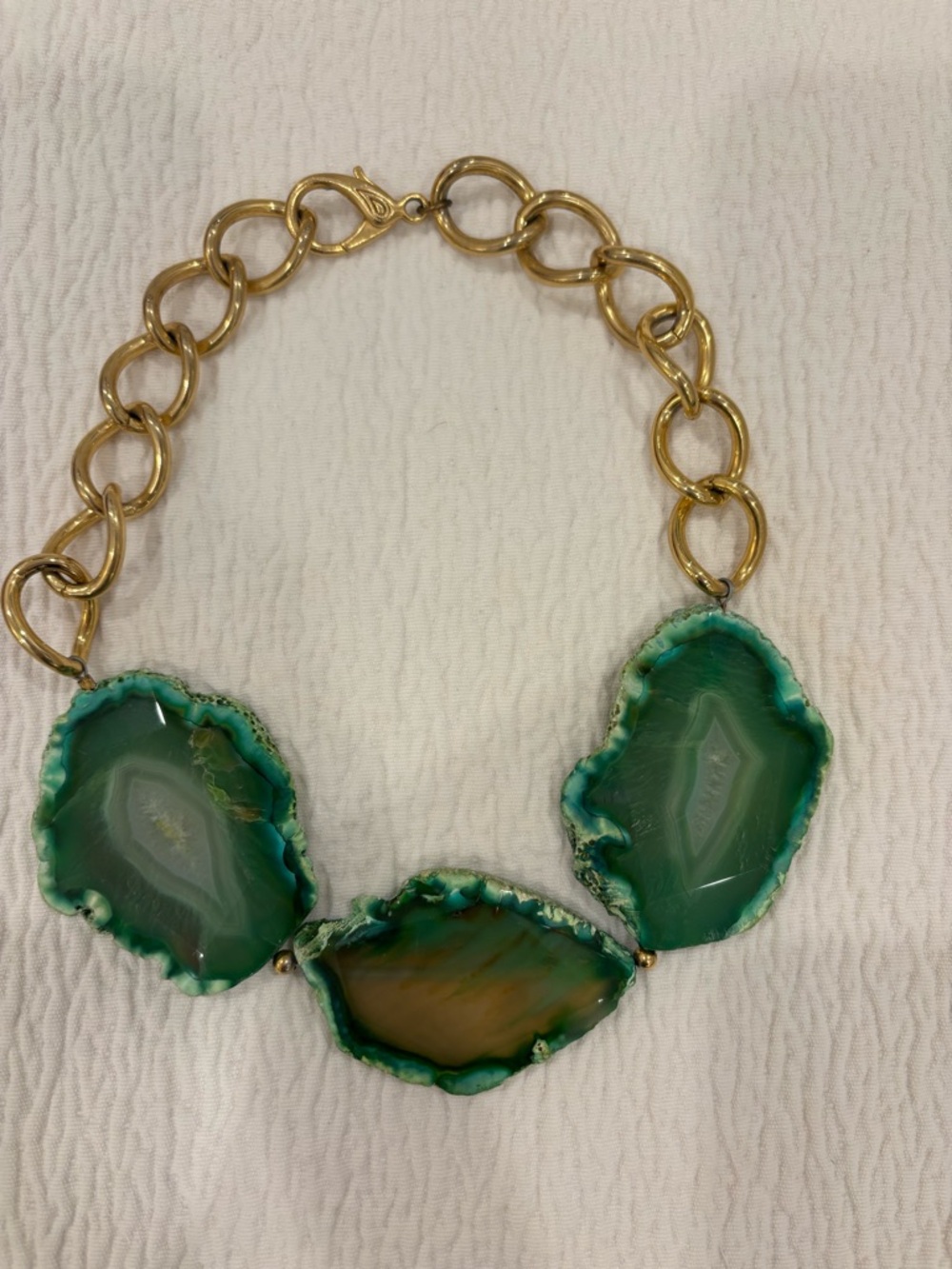 Gold Chain Necklace with Green Agate Slice Pendants